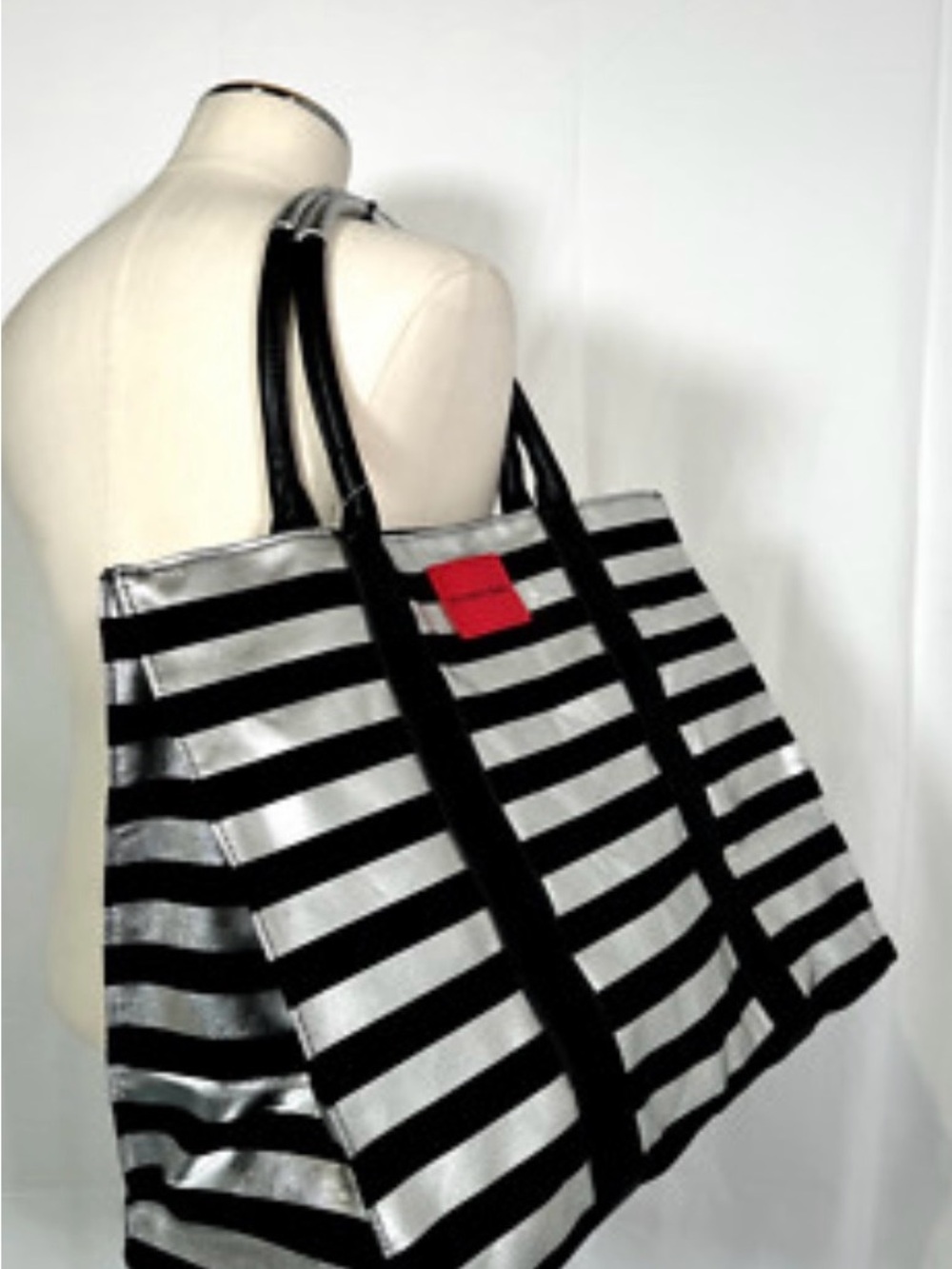 Victoria's Secret Black, Silver & Red Striped Tote NWOT